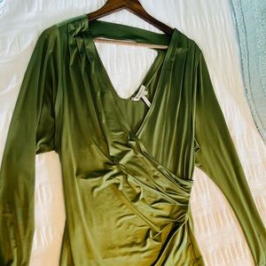 BCBG Olive Green Long Sleeve Deep-V plunge Blouse